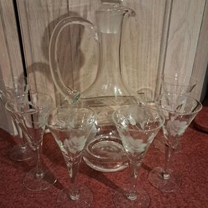 MCM Crystal Wine Decanter With 8 Etched Wine Glasses